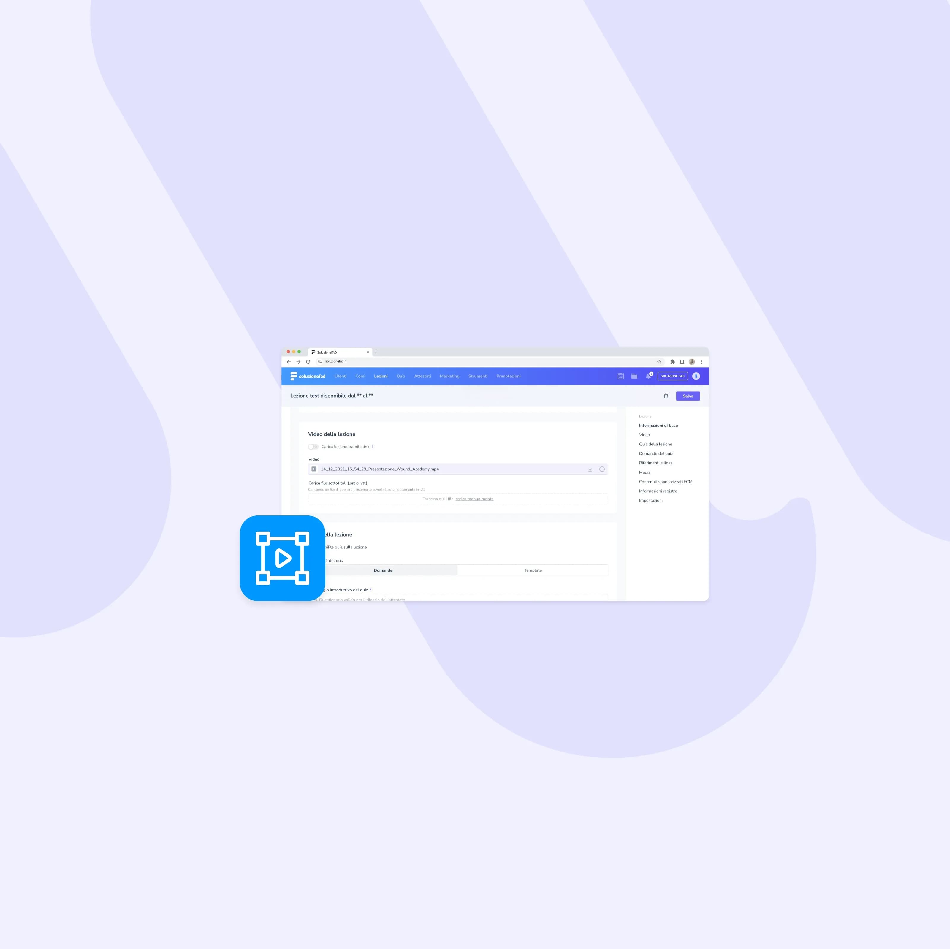 Creazione corsi con strumenti semplici per inserire video, slide, test e materiali di approfondimento